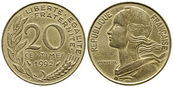 Франция 20 сантимов 1992 тип Марианна KM 930 медь алюминий никель 3461-257