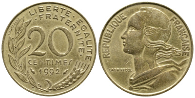 Франция 20 сантимов 1992 тип Марианна KM 930 медь алюминий никель 3461-257