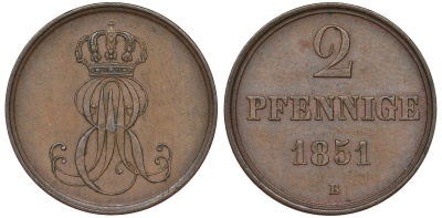 Ганновер 2 пфеннига 1851 B, Эрнст Август (1837-1851) KM 202.1, AKS 124, J. 75 медь 4681-1022