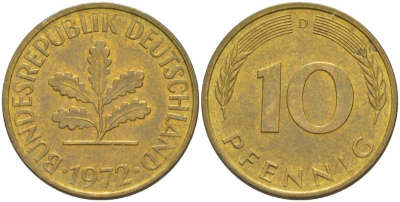 ФРГ 10 ПФЕННИГОВ 1972 D KM 108, J. 383 сталь плакированная латунью 219-444
