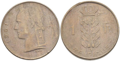 БЕЛЬГИЯ 1 ФРАНК 1961 BELGIQUE, БОДУЭН I (1951-1993) KM 142.1 медно-никель 202-1015