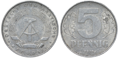 ГДР 5 ПФЕННИГОВ 1975 A KM 9.1 алюминий 62-325