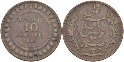 Тунис 10 сантимов 1892 AH 1309, Али III ибн аль-Хусейн KM 222 бронза 4526-213