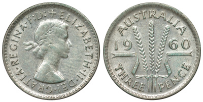 Австралия 3 пенса 1960 m, Елизавета II (1952-2022) KM 57 серебро 71-645