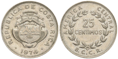 Коста-Рика 25 сентимо 1974 KM 188.1, Schoen 43 медно-никель 4116-844