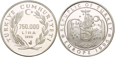 Турция 750000 лир 1996 экю, Европа 1996 KM 1046 серебро PROOF 1088-10-12