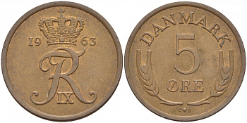 Дания 5 эре 1963 C; S, Фредерик IX (1947-1972) KM 848.1 бронза 87-1417