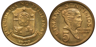Филиппины 5 сентимос 1970 KM 197 латунь UNC M51-08