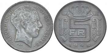 Бельгия 5 франков 1945 Belges, Леопольд III (1934-1947), германская оккупация KM 129.1 цинк 4448-945