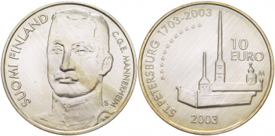 Финляндия 10 евро 2003 S-M, Карл Маннергейм, 300 лет основания Санкт-Петербурга, Петропавловская крепость KM 112 серебро UNC 11-149-15