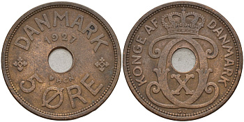 Дания 5 эре 1927 HCN, Кристиан X (1912-1947) KM 828 бронза 4526-243
