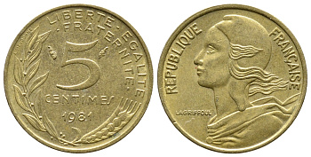 Франция 5 сантимов 1981 тип Марианна KM 933 медь алюминий никель 4679-966