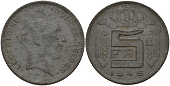 Бельгия 5 франков 1945 Belges, Леопольд III (1934-1947), германская оккупация KM 129.1 цинк 4161-951