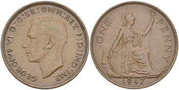 Великобритания 1 пенни 1947 Георг VI (1936-1952) КМ 845, Spink 4114 бронза 3460-625
