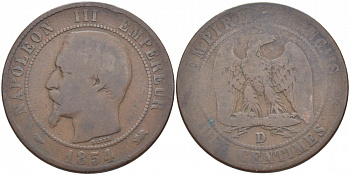 Франция 10 сантимов 1854 D, Наполеон III (1852-1870) KM 771.4 бронза 3460-946
