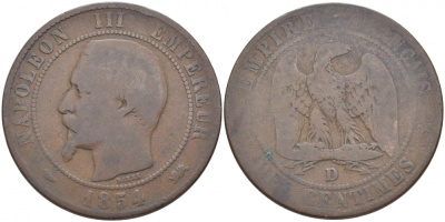 Франция 10 сантимов 1854 D, Наполеон III (1852-1870) KM 771.4 бронза 3460-946