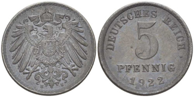 ГЕРМАНИЯ 5 ПФЕННИГОВ 1922 E KM 19, J. 297, Weege 5 железо 206-759