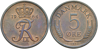 Дания 5 эре 1964 C.S, Фредерик IX (1947-1972) KM 848.1 бронза    4143-323