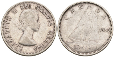 Канада 10 центов 1953 Елизавета II (1952-), парусник KM 51 серебро 4585-721