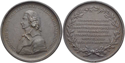 ШВЕЦИЯ МЕДАЛЬ 1801 НА СМЕРТЬ ЧАРЛЬЗА ГРЕЯ, ЧЛЕНА БРИТАНСКОГО ПАРЛАМЕНТА, КОСМОПОЛЬТА, СУДОВЛАДЕЛЬЦА, МЕДАЛЬЕР LUNDERBERY, ДИАМЕТР 53 ММ., ВЕС 48,43 ГР. железо 1084-3-31