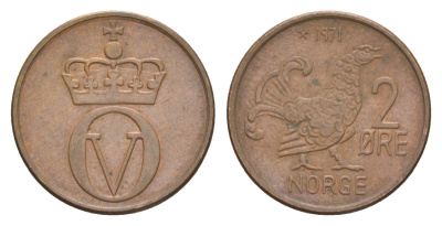 Норвегия 2 эре 1971 Улаф V (1957-1991) KM 410 бронза UNC 4635-347