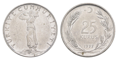 Турция 25 курушей 1977 KM 892.3 нержавеющая  сталь 4648-722