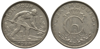 ЛЮКСЕМБУРГ 1 ФРАНК 1924 СТАЛЕВАР, ДИАМЕТР 22,8 ММ., ВЕЛИКАЯ ГЕРЦОГИНЯ ШАРЛОТТА (1919-1964) KM 35 никель 4538-851