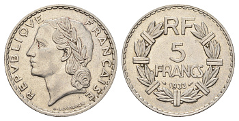 Франция 5 франков 1933 KM 888, Le Franc 336 никель 4120-925