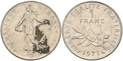 Франция 1 франк 1971 сеятель, тип Semeuse KM 925, Le Franc 226.16 никель 4592-1116
