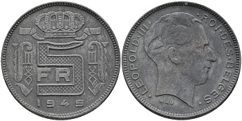 Бельгия 5 франков 1945 Belges, Леопольд III (1934-1947), германская оккупация KM 129.1 цинк 94-113