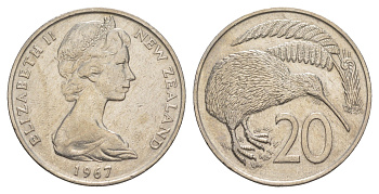 Новая Зеландия 20 центов 1967 Елизавета II (1952-2022), птичка киви KM 36 медно-никель 4112-416