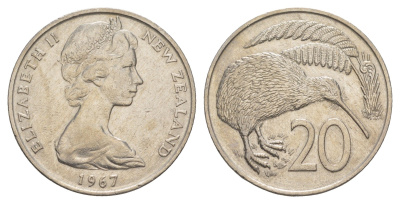 Новая Зеландия 20 центов 1967 Елизавета II (1952-2022), птичка киви KM 36 медно-никель 4112-416