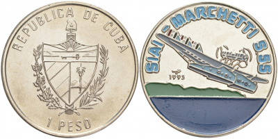 Куба 1 песо 1995 серия самолеты, Савои Марчетти S 55 (SAVOIA MARCHETTI S-55), цветная эмаль KM 522 никелированная сталь UNC M27-05