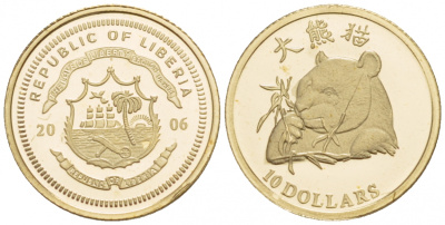 Либерия 10 долларов 2006 панда, 0,73 грамма золото PROOF 00-00