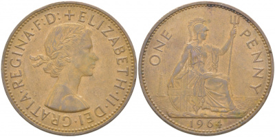 Великобритания 1 пенни 1964 Елизавета II (1952-2022) KM 897, Spink 4157 бронза 4403-826