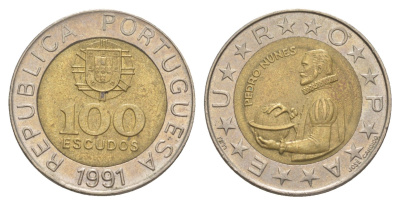 Португалия 100 эскудо 1991 Педру Нуниш (1502-1578), математик KM 645 биметалл 4388-356