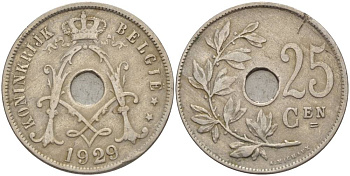 Бельгия 25 сантимов 1929 Belgie, Альберт I (1909-1934) KM 69 медно-никель 4546-144