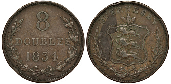 Гернси 8 даблов (дублей) 1834 KM 3 медь 650-834