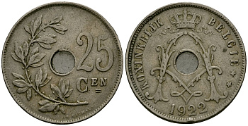 Бельгия 25 сантимов 1922 Belgie, Альберт I (1909-1934) KM 69 медно-никель 4165-823