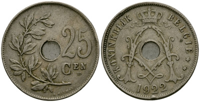 Бельгия 25 сантимов 1922 Belgie, Альберт I (1909-1934) KM 69 медно-никель 4165-823