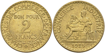 Франция 2 франка 1925 тип Chambre de commerce KM 877, Le Franc 267.7 алюминиевая бронза 3460-514