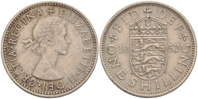 Великобритания 1 шиллинг 1957 Елизавета II (1952-2022), Английский герб KM 904, Spink 4147 медно-никель 4561-742