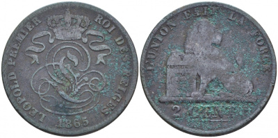 БЕЛЬГИЯ 2 САНТИМА 1865 BELGES KM 4.2 медь 4448-615