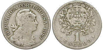 Португалия 1 эскудо 1927 голова Свободы вправо KM 578 никель латунь 51-3637