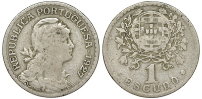 Португалия 1 эскудо 1927 голова Свободы вправо KM 578 никель латунь 51-3637