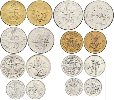 Сан-Марино годовой набор из 8 монет 1978 1, 2, 5, 10, 20, 50, 100 и 200 лир KM 76-83 UNC 3-6-4-58