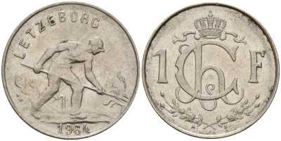 Люксембург 1 франк 1964 сталевар KM 46.2 медно-никель 4597-1144