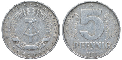 ГДР 5 пфеннигов 1972 A KM 9.1 алюминий 62-242