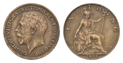 Великобритания 1 фартинг 1921 Георг V (1910-1936) KM 808.2, Spink 4060 бронза 4664-252