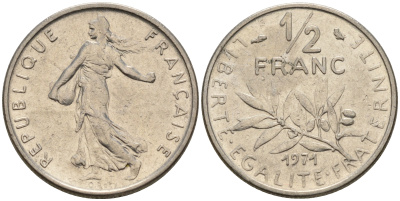 Франция 1/2 франка 1971 сеятель KM 931.1 никель    4152-1238